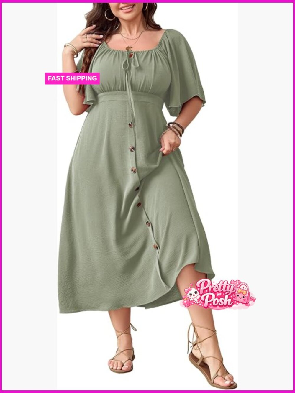 Plus Size Maxi Dress Square Neck Short Sleeve Smocked Back A-Line Boho